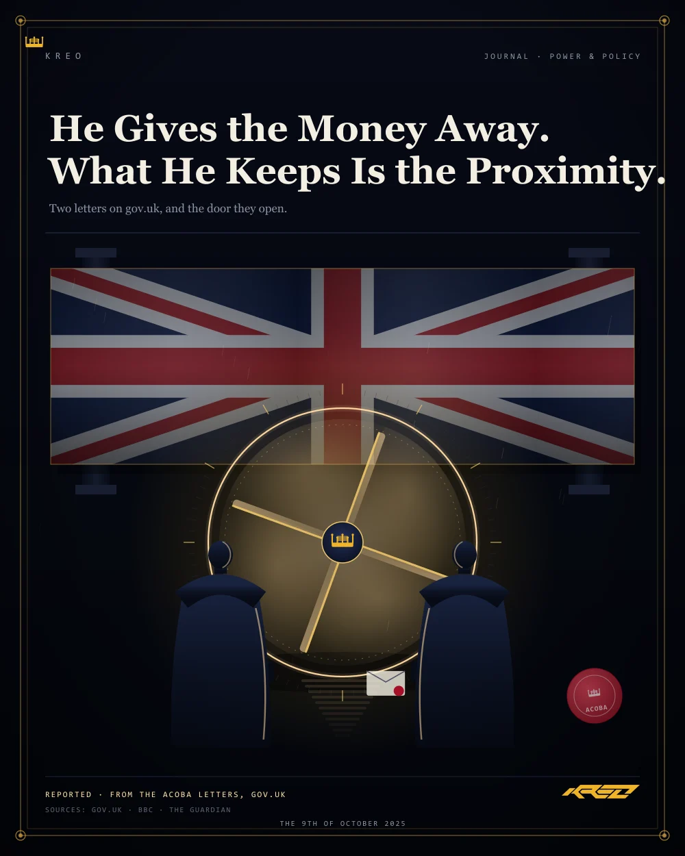An authored portrait loop: a revolving door turns against a dark Union Jack, a gold crown fixed at the hub while the panels sweep past, and a sealed letter crosses through the doorway and does not return. One figure on each side stands at the threshold.