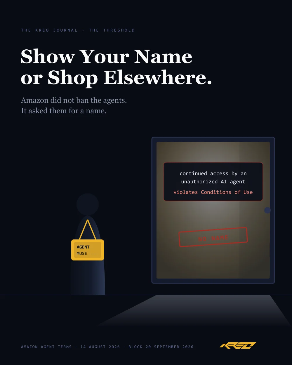 A dark doorway. An agent waits outside with a blank name badge and a red NO NAME stamp, while the door shows: continued access by an unauthorized AI agent violates Conditions of Use. The badge then reads Agent slash MUSE, a gold IDENTIFIED stamp lands, the threshold lightens, and the agent is admitted.