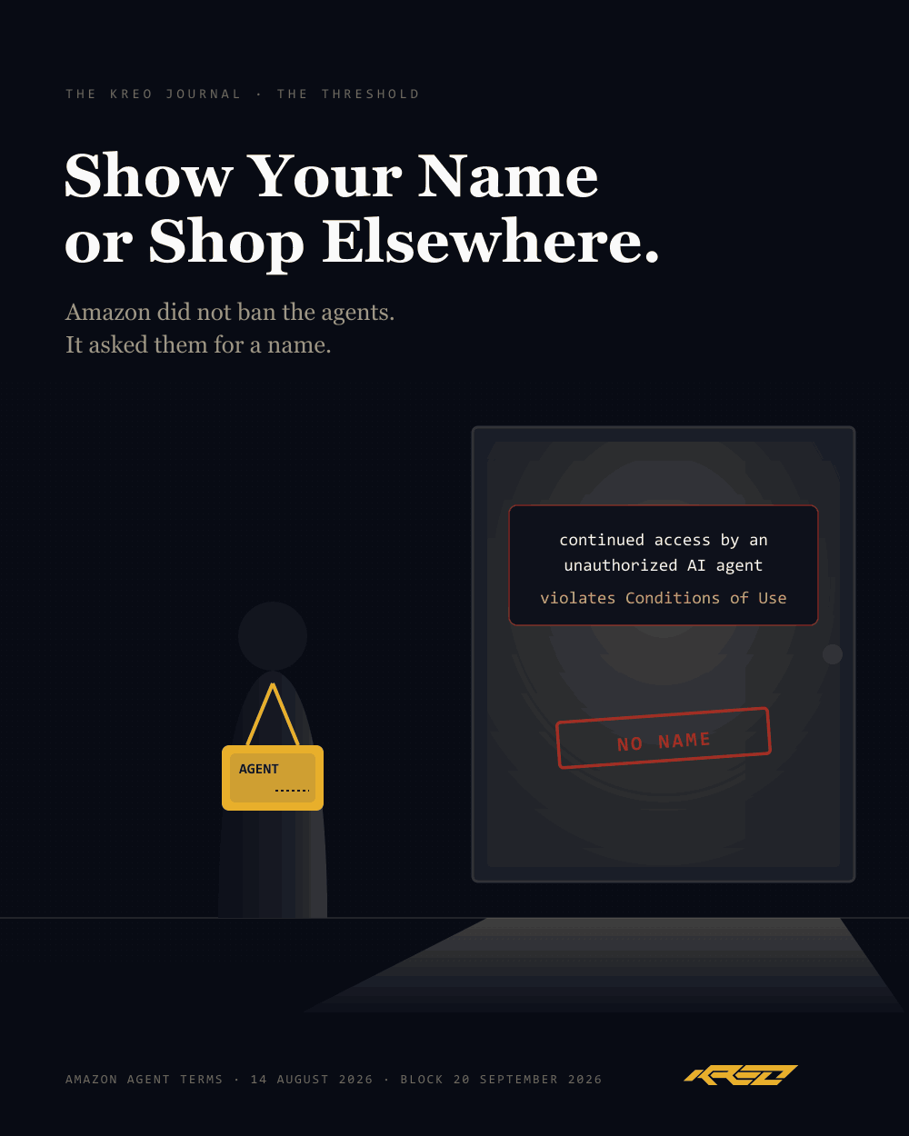 A dark doorway. An agent waits outside with a blank name badge and a red NO NAME stamp, while the door shows: continued access by an unauthorized AI agent violates Conditions of Use. The badge then reads Agent slash MUSE, a gold IDENTIFIED stamp lands, the threshold lightens, and the agent is admitted.