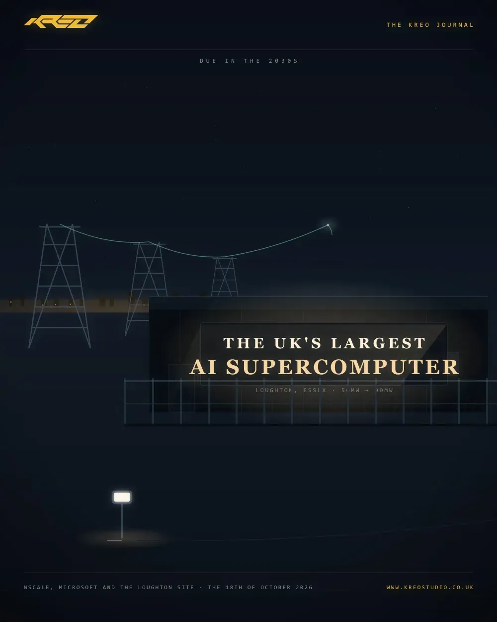 An animated loop, portrait, at night: a dark data hall behind a security fence, with a nameplate on its face reading THE UK'S LARGEST AI SUPERCOMPUTER. The plate is lit by a portable site lamp that stands in the yard on a trailing cable, and the cable runs away toward the horizon, toward a customer. The lamp lifts off its stand and drifts up and out of the frame, and the nameplate dims letter by letter to a dead board. In the dark the sign reads the closing lines: Britain kept the ground. The tenant brought the light.