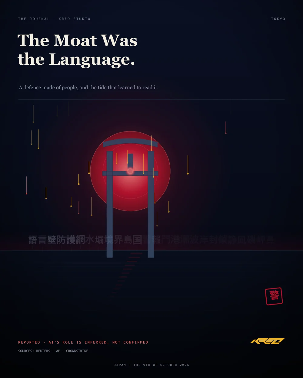 An authored portrait loop: a torii stands against a glowing red sun on a night sea, while a wall of Japanese characters along the waterline greys and parts under a tide of amber attack threads, then rebuilds. The wall is the language; the tide is the attacker that learned to read it.