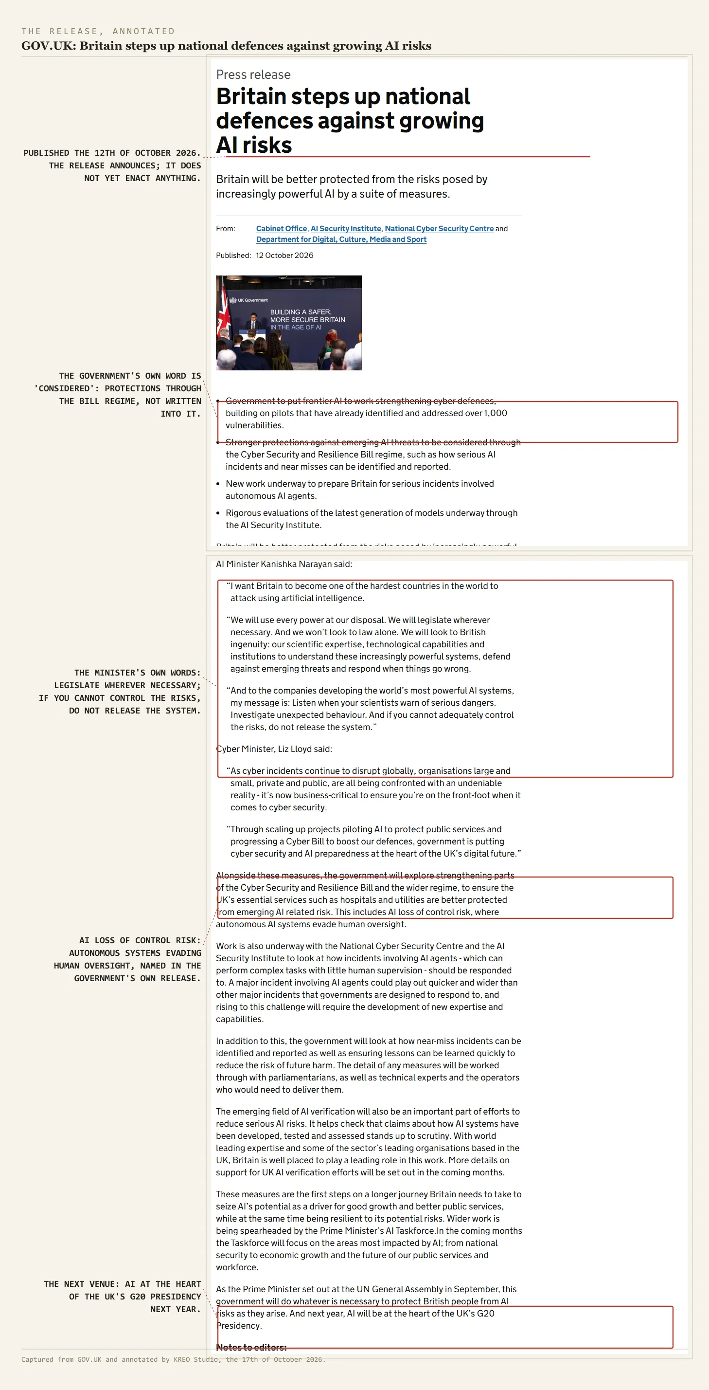 The government's release, captured and annotated in brass. Boxes mark: the line that protections will be considered through the Cyber Security and Resilience Bill; the warning of AI loss of control risk; the pilot figure of over 1,000 vulnerabilities found and fixed; and the line that AI will be at the heart of the UK's G20 presidency next year.