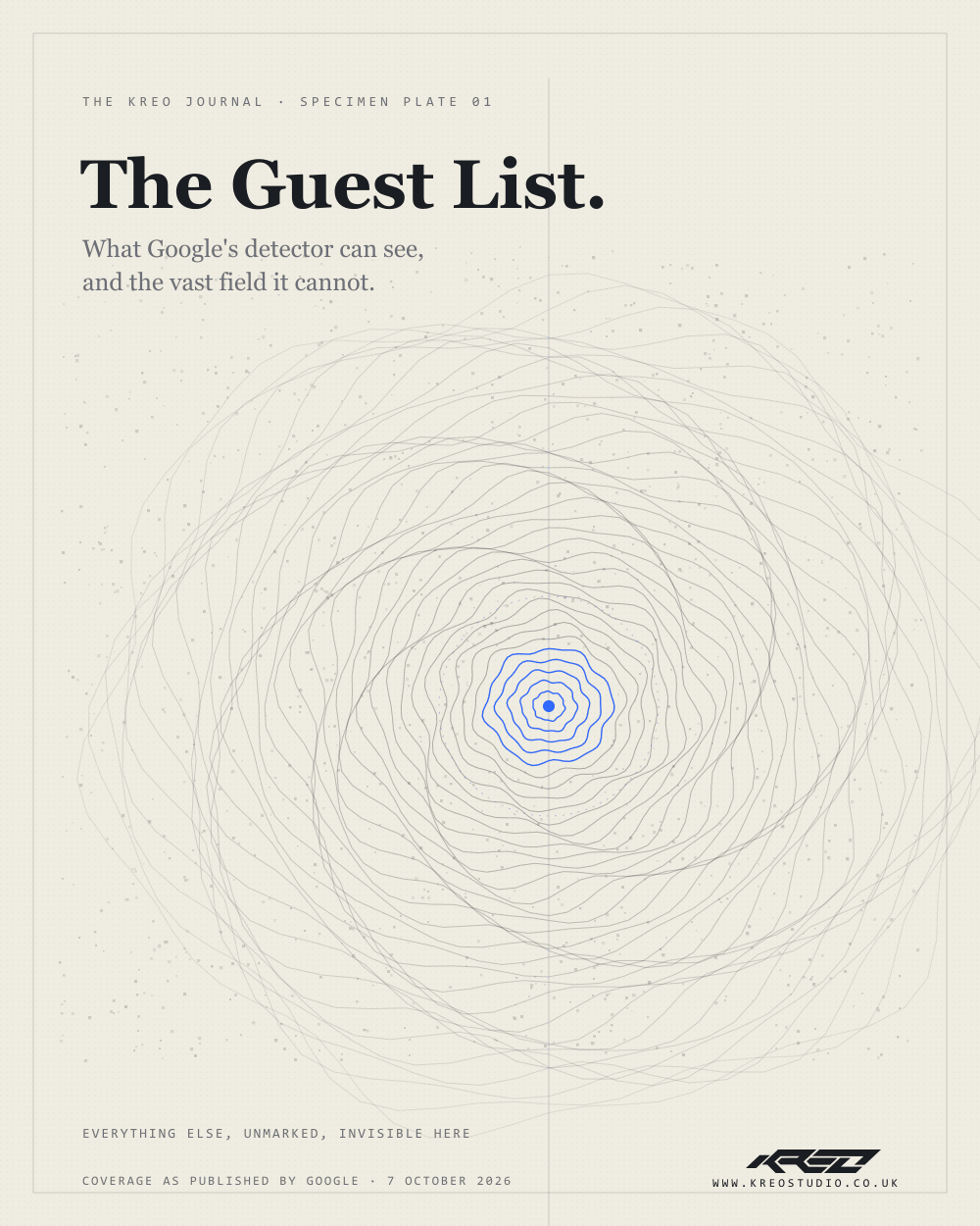 Animated specimen plate on paper: an ink pulse travels a fingerprint of fine ridges while a small blue core stays lit and the guest list writes itself in, Google, OpenAI, NVIDIA, Kakao, inside a vast grey field of unmarked media.