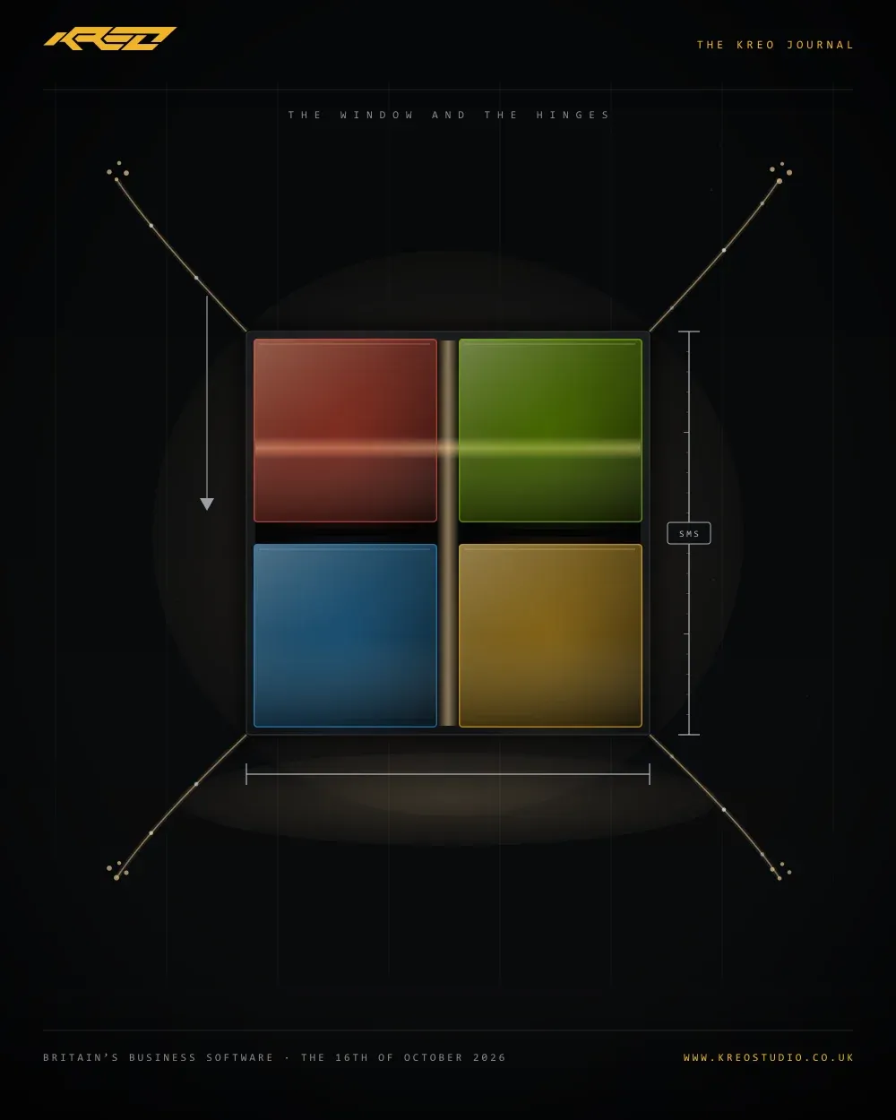 An animated loop, portrait: a dark workshop. Four panes of glass, red, green, azure and gold, drift in from the corners and lock into one square window: the mark itself. Thin threads unfurl from the frame and small builder-lights gather along them. A cool surveyor's bracket rules the outer edge, ticks landing like a measurement. The four panes then part a fraction and warm light spills through the gaps as the closing lines read: One suite. Twenty million people. And below: A window is only a window if it opens.