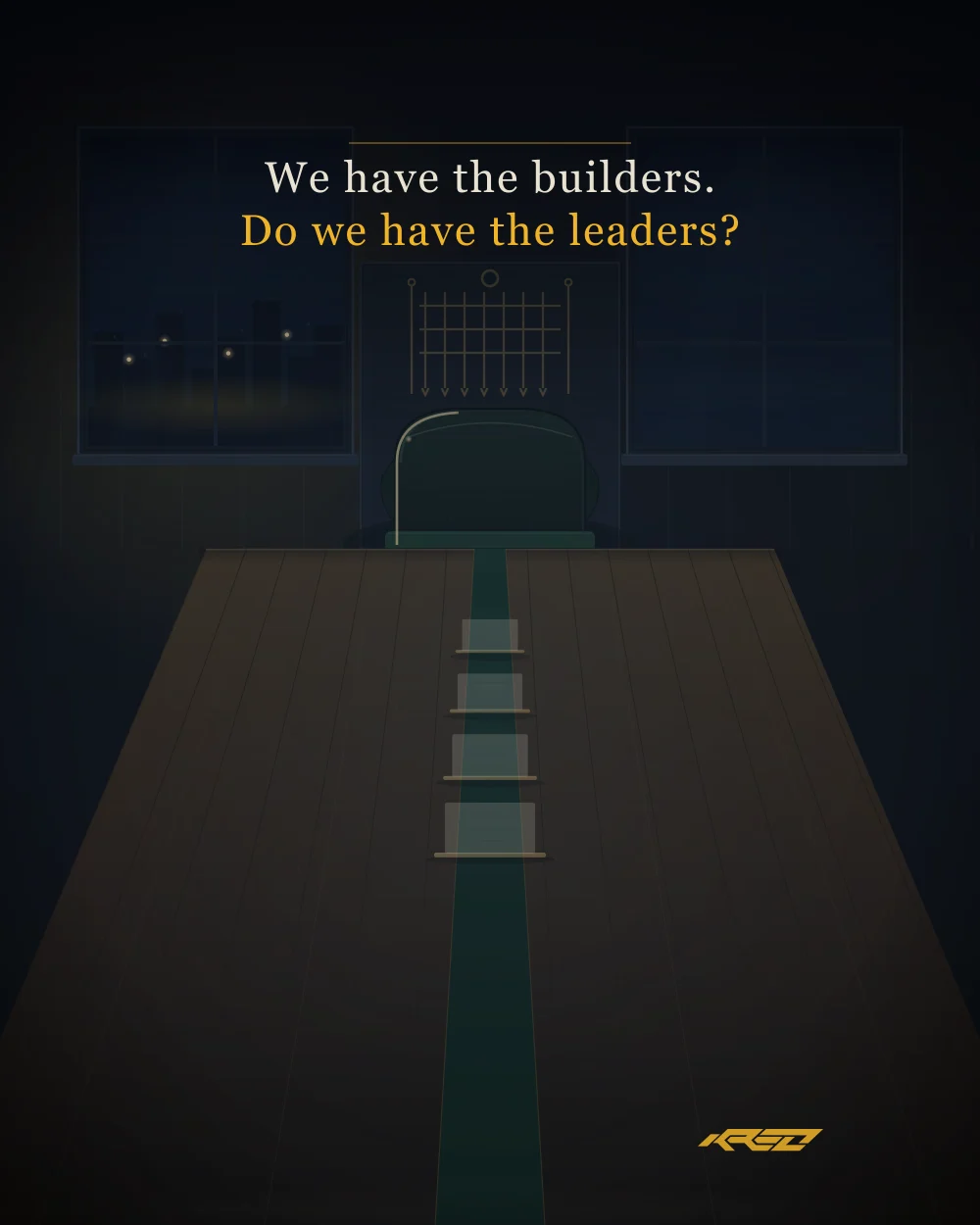 An animated loop, portrait: a dark committee room at night. Four warm place-cards sit on a green-baized table beneath a small brass portcullis; one by one their light lifts away and crosses the room into the tall window on the left, where a cold skyline takes it. The window's four small lights burn as the cards go grey and the room cools, and the chair at the head of the table stays empty. The closing lines read: We have the builders. Do we have the leaders?