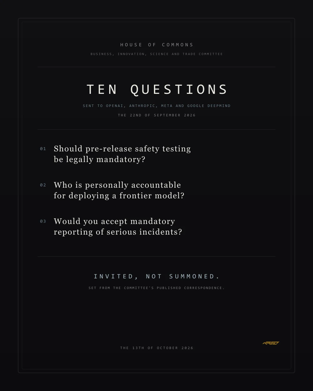 A typographic plate, portrait: the committee's letter set in type. It reads: House of Commons, Business, Innovation, Science and Trade Committee. Ten questions sent to OpenAI, Anthropic, Meta and Google DeepMind, the 22nd of September 2026. Three of them: Should pre-release safety testing be legally mandatory? Who is personally accountable for deploying a frontier model? Would you accept mandatory reporting of serious incidents? Invited, not summoned.