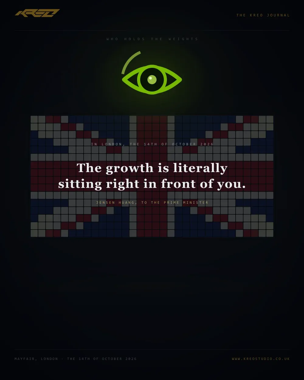 An animated loop, portrait: a dark room. A lamp in the shape of an eye glows green above a Union flag built from tiles. A beam sweeps down and the tiles light one by one until the flag burns in deep navy, deep red and warm cream; a pulse runs its diagonals; the closing lines read: Who holds the weights? The growth is sitting right in front of you.