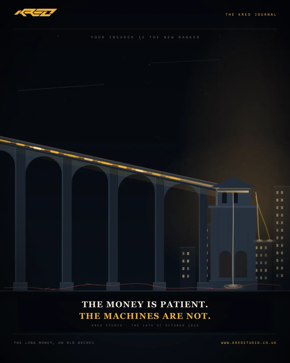 An animated loop, portrait: night. A Roman aqueduct crosses the dark on long stone arches, carrying a warm channel of light from off-frame left. The flow ignites, travels, and pours off the end into a machine city that wakes window by window, halo rising into the sky. Below, along the valley floor, a thin red stream of fast money flickers nervously. The closing lines read: The money is patient. The machines are not.